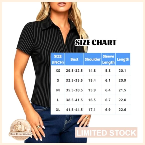 Striped Fitted Button Down Shirt Short Sleeve Collared Office Blouse Y2K - Picture 5 of 5
